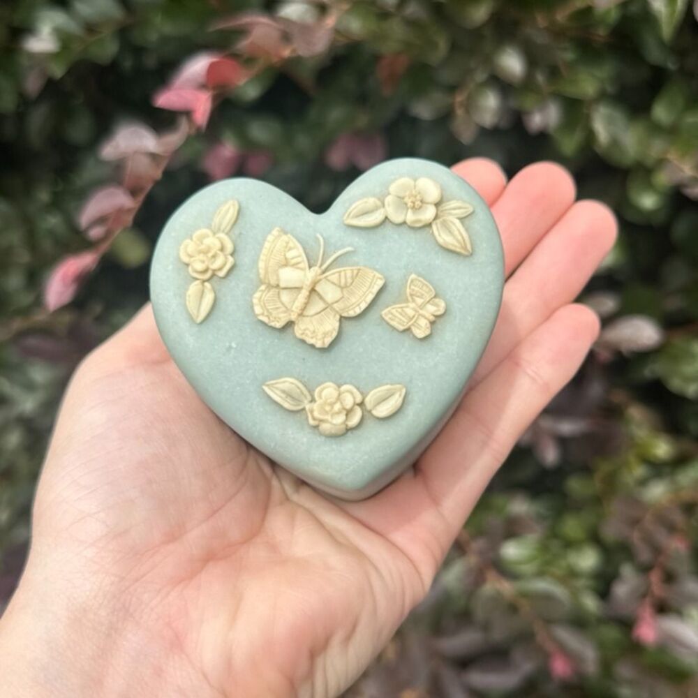 Vintage Blue Incolay Stone Heart Shaped Trinket Box Butterflies 3” Cottagecore